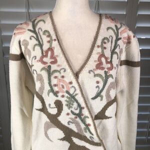 Vtg 80s Cream Embroidered Surplice Sweater M Puff Sleeve Pink Flowers Prop Cozy